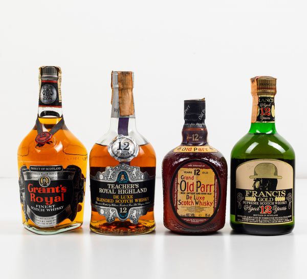 William Grant, Grants Royal Finest Scotch Whisky 12 years old<BR>William Teacher, Teachers Royal Highland De Luxe Blended Scotch Whisky 12 years old<BR>Thomas Parr, Grand Old Parr De Luxe Scotch Whisky 12 years old<BR>Forrester Milne, Francis Gold Supreme Scotch Whisky 12 years old  - Asta Spirito del tempo  - Associazione Nazionale - Case d'Asta italiane