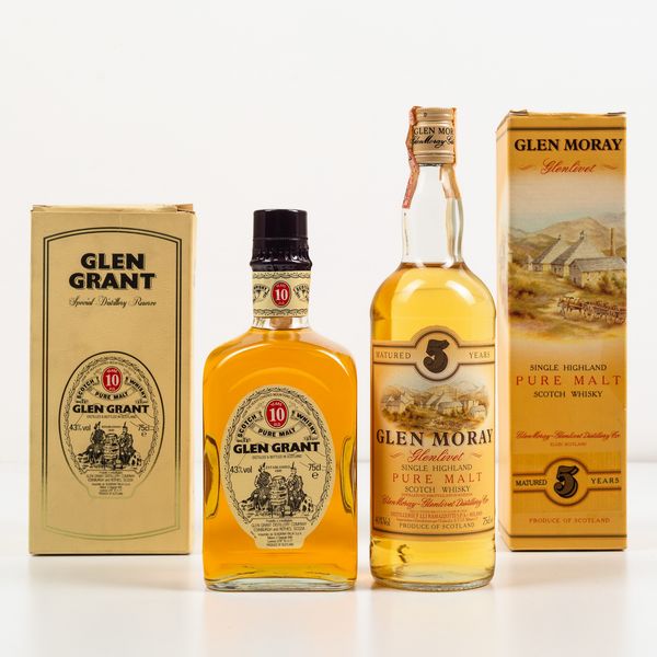 Glen Grant, Special Distillery Reserve Scotch Whisky pure malt 10 years old<BR>Glen Moray - Glenlivet, Single Highland Pure Malt Scotch Whisky matured 5 years  - Asta Spirito del tempo  - Associazione Nazionale - Case d'Asta italiane