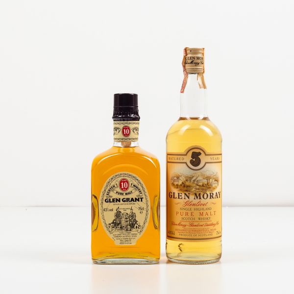 Glen Grant, Special Distillery Reserve Scotch Whisky pure malt 10 years old<BR>Glen Moray - Glenlivet, Single Highland Pure Malt Scotch Whisky matured 5 years  - Asta Spirito del tempo  - Associazione Nazionale - Case d'Asta italiane