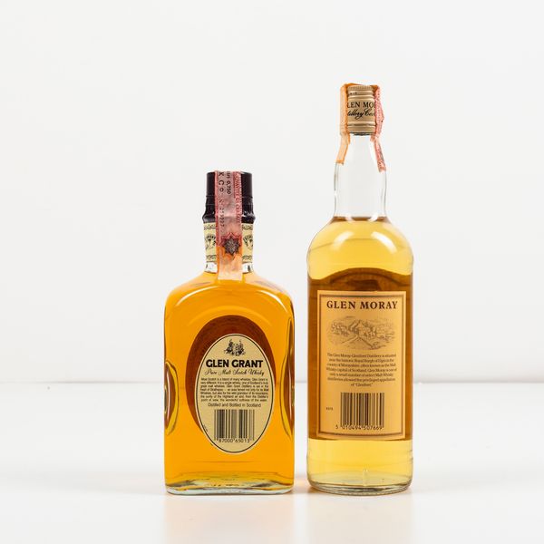 Glen Grant, Special Distillery Reserve Scotch Whisky pure malt 10 years old<BR>Glen Moray - Glenlivet, Single Highland Pure Malt Scotch Whisky matured 5 years  - Asta Spirito del tempo  - Associazione Nazionale - Case d'Asta italiane