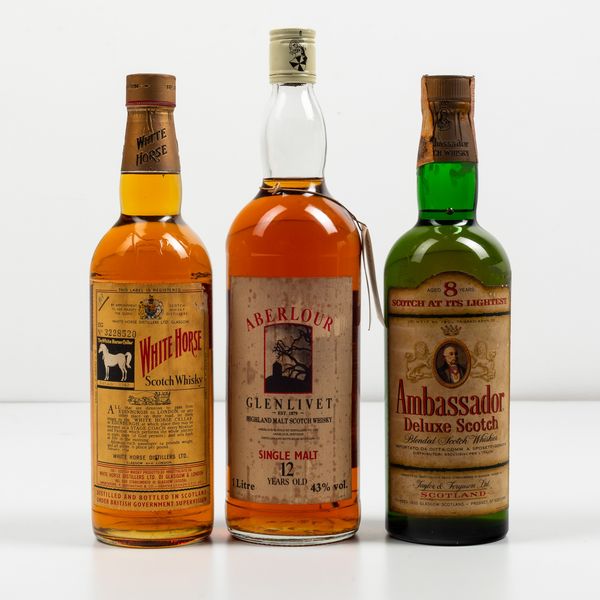 White Horse Distillers, Scotch Whisky<BR>Aberlour Glenlivet, Single Highland Malt Scotch Whisky 12 years old<BR>Ambassador Deluxe, Scotch Whisky 8 years old<BR>  - Asta Spirito del tempo  - Associazione Nazionale - Case d'Asta italiane