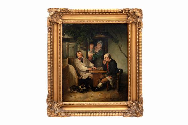 Scuola nord europea, secolo XIX, nei modi di David Teniers il Giovane : I giocatori di dama  - Asta Incanti d'Arte - Associazione Nazionale - Case d'Asta italiane