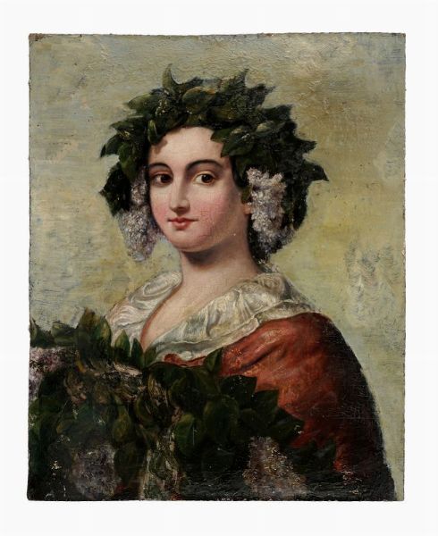 Figura femminile con corona di foglie e fiori.  - Asta Stampe, disegni e dipinti antichi, moderni e contemporanei   - Associazione Nazionale - Case d'Asta italiane