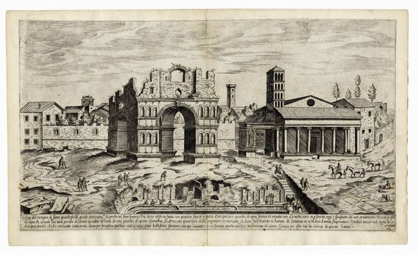 ETIENNE DUPERAC : Vestigi del tempio di Jano quadrifrote / Vestigij dell'arco di Constantino / Disegno della colonna Traiana / Vestigij del Mausoleo d'Augusto.  - Asta Stampe, disegni e dipinti antichi, moderni e contemporanei   - Associazione Nazionale - Case d'Asta italiane