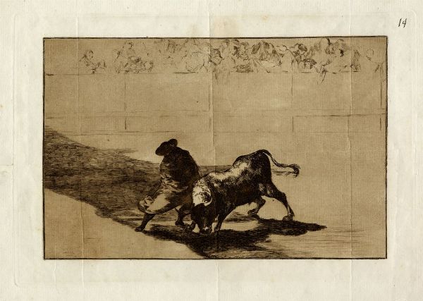 FRANCISCO GOYA Y LUCIENTES : El diestrisimo estudiante de Falces, embozadoburla al toro con sus quiebros.  - Asta Stampe, disegni e dipinti antichi, moderni e contemporanei   - Associazione Nazionale - Case d'Asta italiane