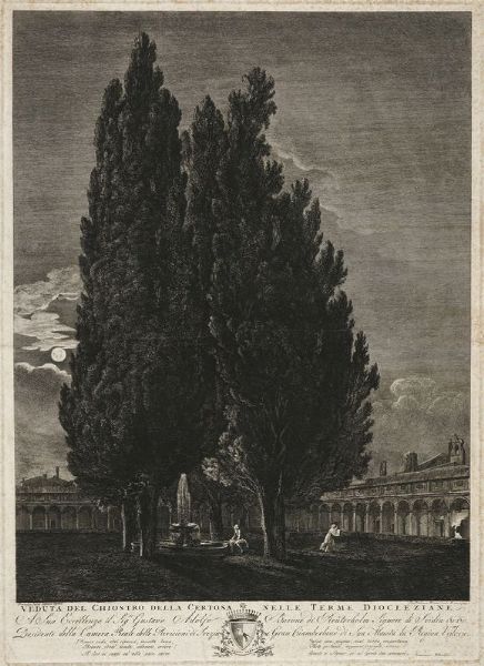 FRANCESCO PIRANESI : Veduta del chiostro della Certosa nelle Terme Diocleziane.  - Asta Stampe, disegni e dipinti antichi, moderni e contemporanei   - Associazione Nazionale - Case d'Asta italiane