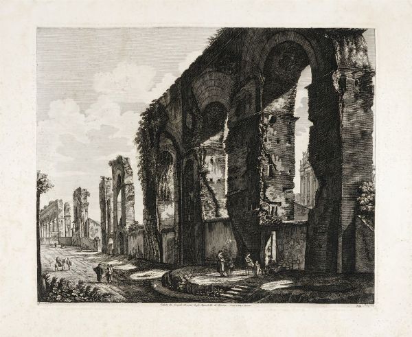 Luigi Rossini : Veduta dei Grandi Avanzi degli Aquedotti di Nerone vicino a Porta S. Giovanni.  - Asta Stampe, disegni e dipinti antichi, moderni e contemporanei   - Associazione Nazionale - Case d'Asta italiane