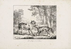 CARLE VERNET : Le Loup et le Chien / Le Cerf se voyant dans l'eau.  - Asta Stampe, disegni e dipinti antichi, moderni e contemporanei   - Associazione Nazionale - Case d'Asta italiane