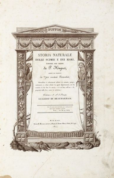 NICOLAS HENRI JACOB : Storia naturale delle scimie e dei maki [...] dietro le scoperte dei pi rinomati naturalisti.  - Asta 	Libri, autografi e manoscritti - Associazione Nazionale - Case d'Asta italiane