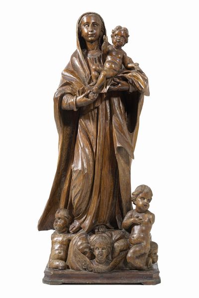 Madonna con Bambino e cherubini, scultore barocco, Italia (?) XVII secolo  - Asta Scultura - Associazione Nazionale - Case d'Asta italiane