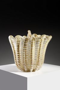 BAROVIER ERCOLE (1889 - 1974) - Vaso della serie Zebrati in vetro trasparente e lattimo e foglia argento