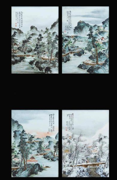 Placche in porcellana raffiguranti le quattro stagioni con iscrizioni, Cina, Repubblica, XX secolo  - Asta Fine chinese works of art - Associazione Nazionale - Case d'Asta italiane