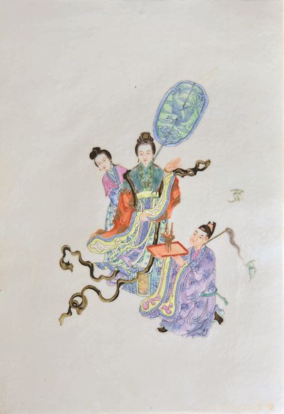 Placca in porcellana a smalti policromi raffigurante fanciulle, Cina, Dinastia Qing, XIX secolo  - Asta Fine chinese works of art - Associazione Nazionale - Case d'Asta italiane