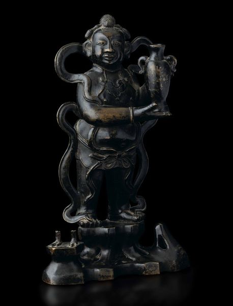 Figura di O'Boy stante in bronzo, Cina, Dinastia Ming, XVII secolo  - Asta Fine chinese works of art - Associazione Nazionale - Case d'Asta italiane