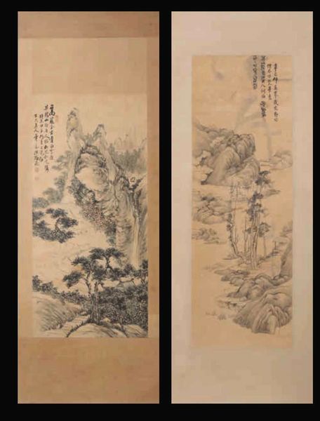 Due dipinti su carta raffiguranti paesaggi montani con iscrizioni, Cina, Dinastia Qing, XIX secolo  - Asta Fine chinese works of art - Associazione Nazionale - Case d'Asta italiane