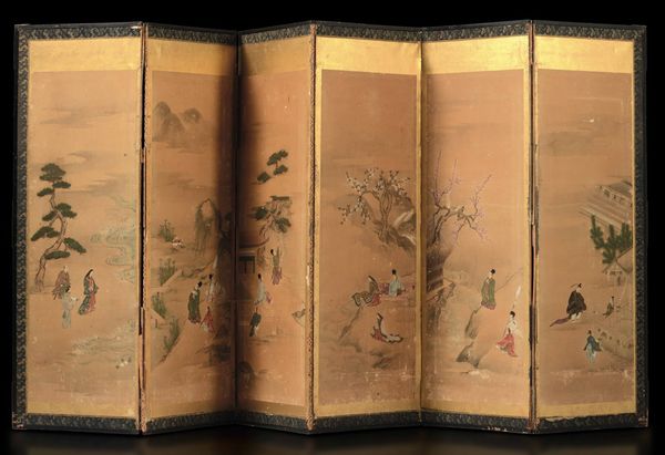 Paravento a sei ante con dipinti su carta raffiguranti scene di vita comune, Giappone, periodo Meiji (1868-1912)  - Asta Fine chinese works of art - Associazione Nazionale - Case d'Asta italiane