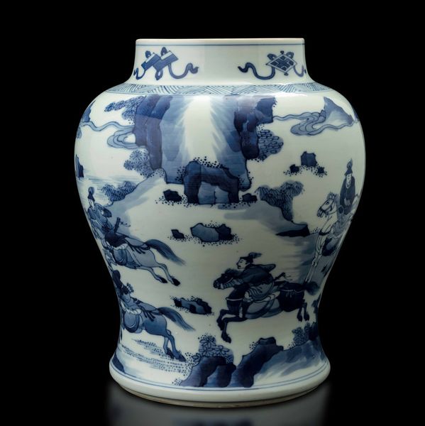 Vaso in porcellana bianca e blu con figure di cavalieri entro paesaggio e simboli taoisti, Cina, Dinastia Qing, epoca Kangxi (1662-1722)  - Asta Fine chinese works of art - Associazione Nazionale - Case d'Asta italiane