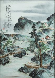 Placche in porcellana raffiguranti le quattro stagioni con iscrizioni, Cina, Repubblica, XX secolo  - Asta Fine chinese works of art - Associazione Nazionale - Case d'Asta italiane