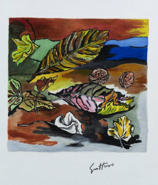 RENATO GUTTUSO Bagheria (PA) 1911 - 1987 Roma : Foglie secche con due noci 1972  - Asta Grafica - Associazione Nazionale - Case d'Asta italiane