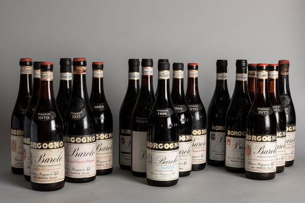 Piemonte : Verticale Barolo Borgogno Riserva (18 BT, 9 annate dal 1970 al 1979, 2 bottiglie per annata )  - Asta Monografica vini Borgogno dal 1931 al 2014 - Associazione Nazionale - Case d'Asta italiane