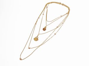 Collana multifilo in metallo e vetro, Goldette  - Asta Abiti e accessori vintage  - Associazione Nazionale - Case d'Asta italiane