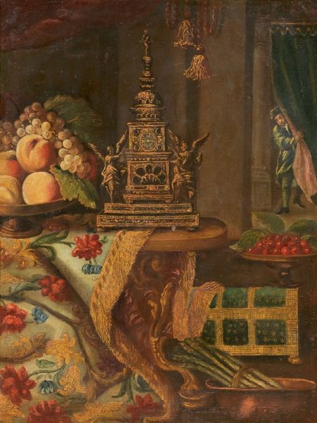 Natura morta con orologio e frutta in un interno  - Asta Importanti Sculture e Dipinti Antichi - Associazione Nazionale - Case d'Asta italiane