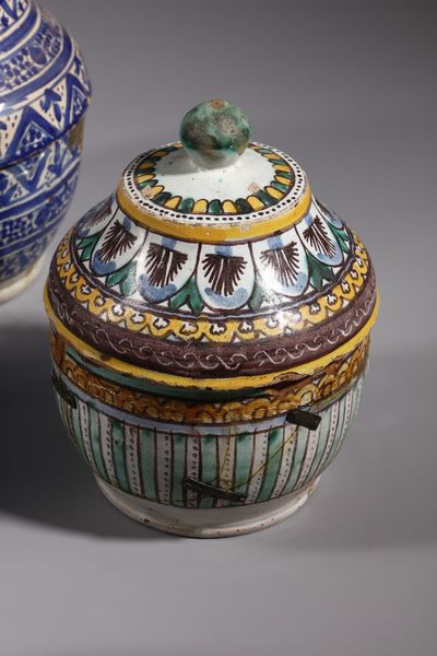 MANIFATTURA DEL XIX-XX SECOLO : Gruppo di sette contenitori in maiolica policroma a decori geometrici  - Asta Asta 379 | ARTE ANTICA E DEL XIX SECOLO - Dipinti antichi e antiquariato  Online - Associazione Nazionale - Case d'Asta italiane