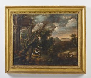 GHISOLFI GIOVANNI (1623 - 1683) : Cerchia di. Paesaggio lacustre con soldati e rovine  - Asta Asta 379 | ARTE ANTICA E DEL XIX SECOLO - Dipinti antichi e antiquariato  Online - Associazione Nazionale - Case d'Asta italiane