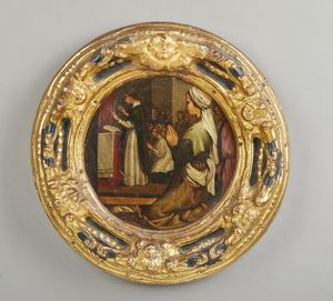 SCUOLA LOMBARDA DEL XVII SECOLO - Scena della vita di S. Carlo Borromeo, in cornice in legno dorato e intagliato a figure di putti alati