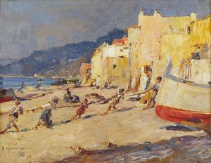 AJMONE LIDIO (1884 - 1945) : Spiaggia di Varigotti  - Asta Asta 381 | ARTE ANTICA E DEL XIX SECOLO - Dipinti del XIX secolo  Online - Associazione Nazionale - Case d'Asta italiane