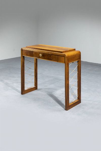 PRODUZIONE ITALIANA : Console in legno di noce  fianchi con corda. Anni '50 cm 94x98x38  - Asta Design e illuminazione - Associazione Nazionale - Case d'Asta italiane