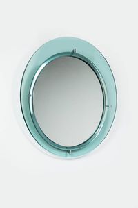 CRISTAL ART - Specchio con cornice in vetro colorato  particolari in metallo cromato. Anni '70 diam cm 72