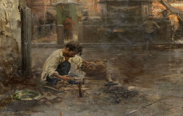 Giovanni Panza : Napoli, maniscalco al lavoro in piazza del Mercato  - Asta Arte figurativa tra XIX e XX Secolo - Associazione Nazionale - Case d'Asta italiane