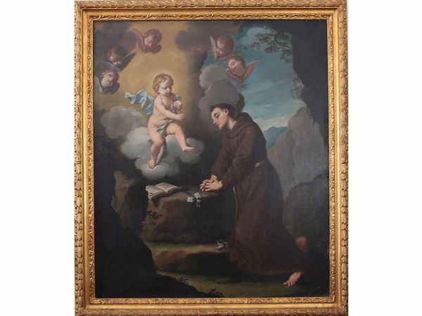 Scuola emiliana del XVIII secolo : Apparizione di Ges Bambino a Sant'Antonio  - Asta L'arte di arredare - Associazione Nazionale - Case d'Asta italiane