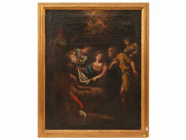 Scuola veneta del XVII secolo : Adorazione dei pastori  - Asta L'arte di arredare - Associazione Nazionale - Case d'Asta italiane