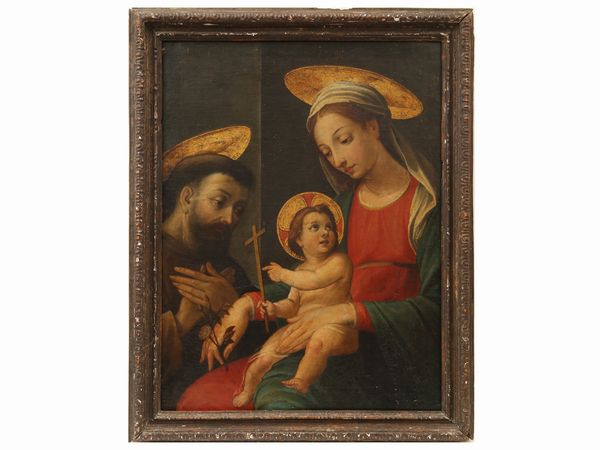 Scuola toscana dell'inizio del XVII secolo : Madonna col Bambino e San Francesco d'Assisi  - Asta L'arte di arredare - Associazione Nazionale - Case d'Asta italiane