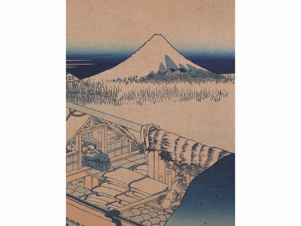 Katsushika Hokusai after : Monte Fuji e Ushibori nella provincia di Hitachi  - Asta L'arte di arredare - Associazione Nazionale - Case d'Asta italiane