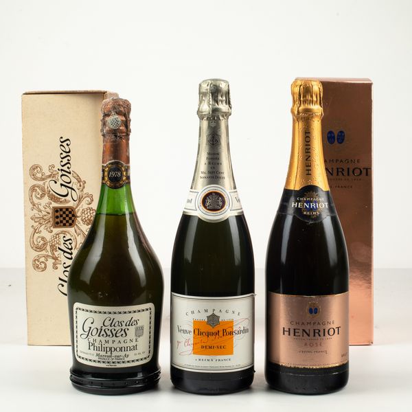 Philipponnat, Champagne Clos de Goisses<BR>Henriot, Champagne Brut Ros<BR>Veuve Clicquot, Champagne Demi Sec  - Asta Winter Wine Auction - Associazione Nazionale - Case d'Asta italiane