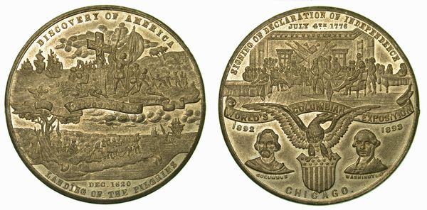 COLOMBO. Esposizione Colombiana Mondiale Chicago 1893. IV centenario della scoperta dell'America. Dichiarazione di Indipendenza. Medaglia di metallo bianco 1893.  - Asta Numismatica - Associazione Nazionale - Case d'Asta italiane