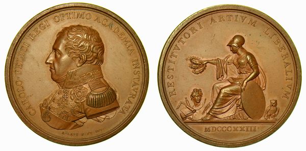 REGNO DI SARDEGNA. CARLO FELICE DI SAVOIA, 1821-1831. Medaglia in bronzo 1823. Per il ripristino dellAccademia delle Belle Arti in Torino.  - Asta Numismatica - Associazione Nazionale - Case d'Asta italiane