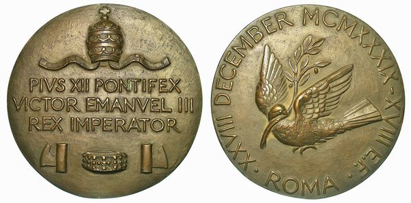 REGNO D'ITALIA. VITTORIO EMANUELE III DI SAVOIA, 1900-1946. Medaglia in bronzo di grande diametro 1939/A. XVIII. Ricordo della visita di Pio XII al Quirinale.  - Asta Numismatica - Associazione Nazionale - Case d'Asta italiane