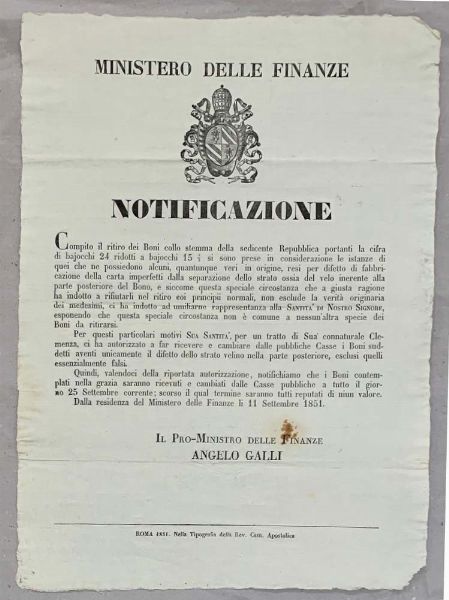 PIO IX, 1846-1878. Ritiro e sostituzione dei Boni difettosi da 24 baiocchi ridotti a 15 e mezzo della Seconda Repubblica Romana. Documento del 11 Settembre 1851.  - Asta Numismatica - Associazione Nazionale - Case d'Asta italiane