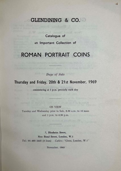 GLENDINING & CO. Catalogue of an important collection of Roman Portraits coins. (Collection ALBERT HENRY FREDERICK BALDWIN). Londra, 20 novembre 1969.  - Asta Numismatica - Associazione Nazionale - Case d'Asta italiane