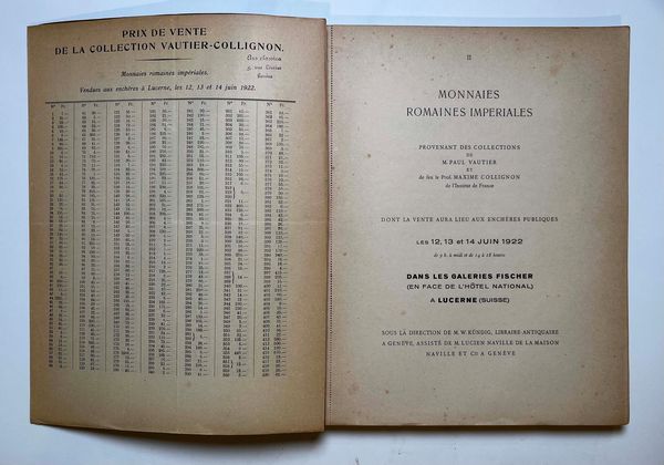 NAVILLE & Co. Catalogue Monnaies Romaines Imperiales Provenant des Collections de M. PAUL VAUTIER et De Feu le Prof. MAXIME COLLIGNON de l'Institut de France. Lucerna, 12-14 giugno 1922.  - Asta Numismatica - Associazione Nazionale - Case d'Asta italiane