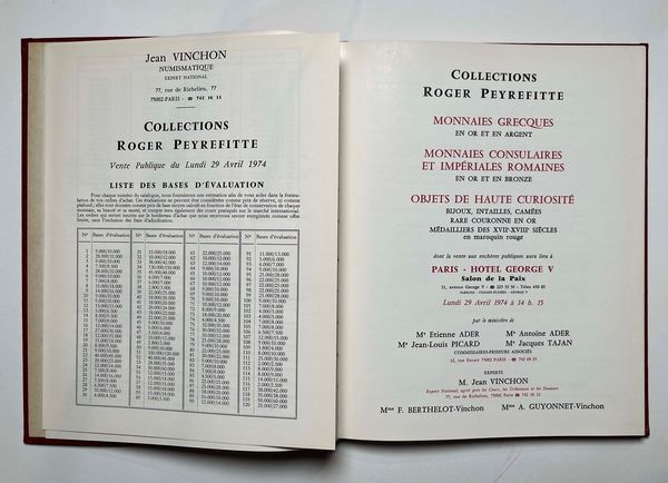 VINCHON J. Collections ROGER PEYREFITTE. Monnaies Grecques en Or et en Argent, Monnaies Consulaires et Imperiales Romaines en Or et en Bronze. Parigi, 29 aprile 1974.  - Asta Numismatica - Associazione Nazionale - Case d'Asta italiane