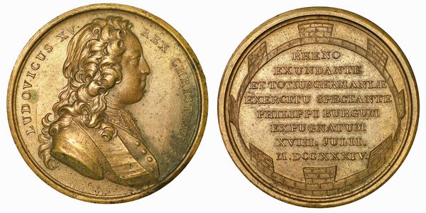 FRANCIA. LOUIS XV, 1715-1774. PRESA DI PHILIPPSBOURG. Medaglia in bronzo 1734. Parigi.  - Asta Numismatica - Associazione Nazionale - Case d'Asta italiane