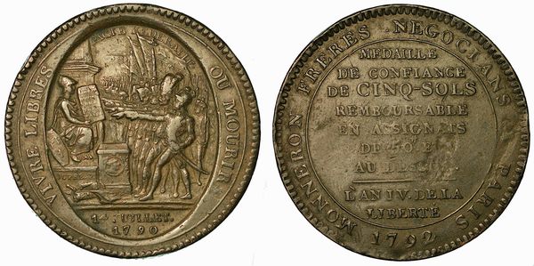 RIVOLUZIONE FRANCESE. Moneta-Medaglia fiduciaria da 5 soldi, Fratelli Monneron 1792. Birmingham.  - Asta Numismatica - Associazione Nazionale - Case d'Asta italiane