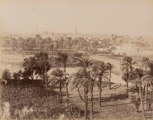 Félix Bonfils - Chameliers en marche dance le dsert ; vue gnrale Assiut