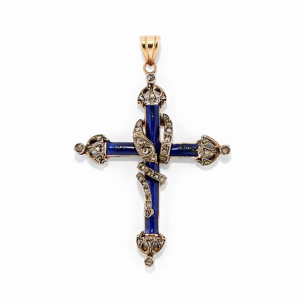 Pendente in oro rosso 14k, argento, diamanti e smalto, XX secolo  - Asta Argenti dal XVIII al XX secolo - Associazione Nazionale - Case d'Asta italiane