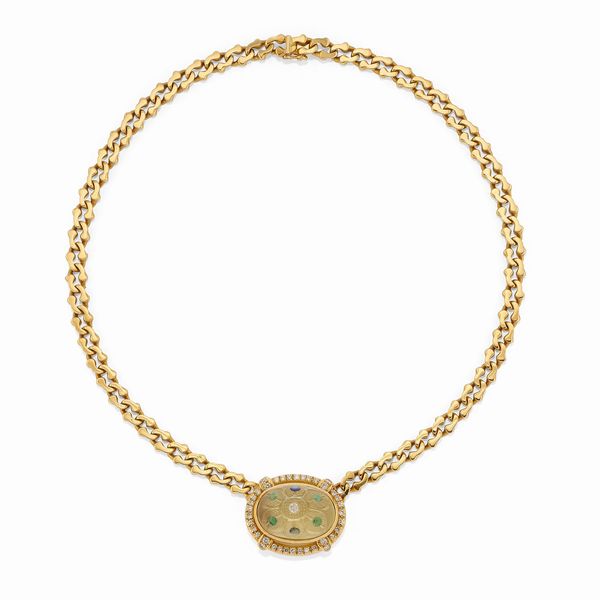 Collana in oro giallo 18k, diamanti, zaffiri, smeraldi e pietra dura  - Asta Argenti dal XVIII al XX secolo - Associazione Nazionale - Case d'Asta italiane